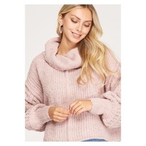 She + Sky Bethany Cowl Neck Bubble Sleeve Sweater beige pink